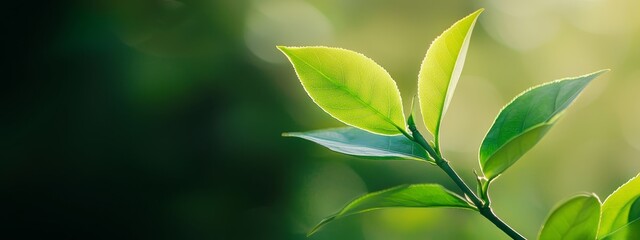 Poster -  A tight shot of a green leaf on a twig against a softly blurred backdrop of trees