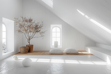 A minimalist, white room with an open layout and clean lines, creating a spacious and versatile environment for various design and decor possibilities 