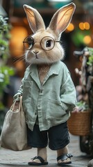 Poster - A cute rabbit wearing glasses, a green shirt, black shorts, sandals, and carrying a bag.