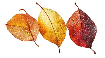 Autumn leaves with water drops, isolated on a white background, photo ideal for seasonal and nature themes.