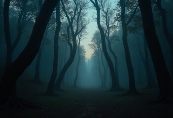 Poster - A surreal forest clearing at twilight with towering trees
