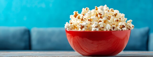 Wall Mural -  A red bowl brimming with popcorn rests atop a weathered wooden table, before a blue couch in the room