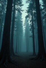 Poster - A surreal forest clearing at twilight with towering trees