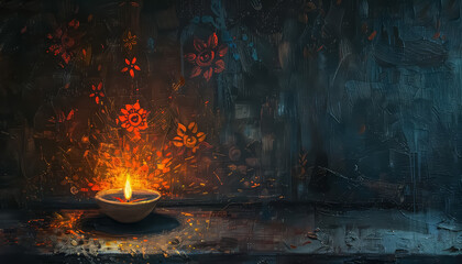 Wall Mural - A painting of a candle in a bowl with a red background