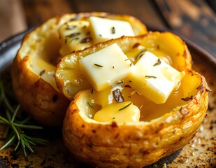 roasted potatoes just came out from oven with spices, aroma and butter and sauce on it.