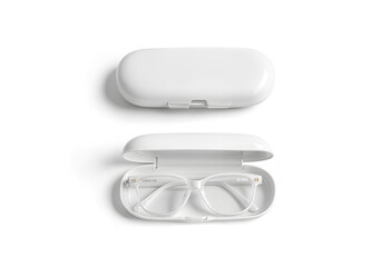 Blank white opened and closed case with glasses mockup, isolated.