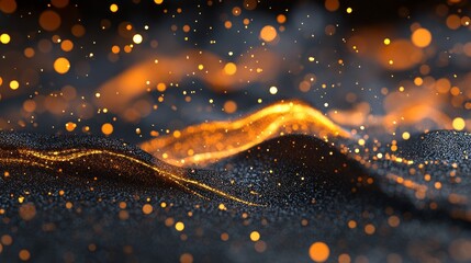 A futuristic abstract background with waves, connected dots, and lines on a dark background.