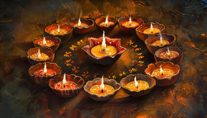 A painting of many lit candles in a circle