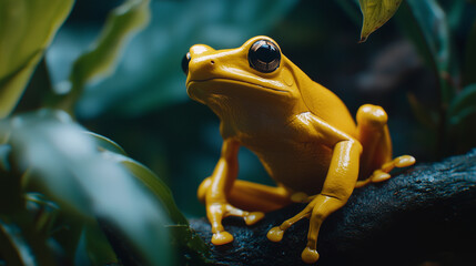 Wall Mural - A yellow frog is sitting on a branch in a green forest