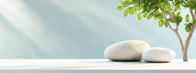  Two white rocks adjacent to a small tree against a white background; blue sky behind