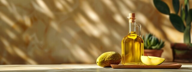 Wall Mural - Bottle of olive oil with fresh avocado and natural light