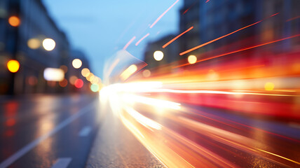 Wall Mural - blurred background traffic on a night road, abstract tracks of headlights, translucent golden rays of light on a city street background, nightlife