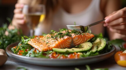 happy young woman eating salted salmon salad with fresh green lettuce,smoked salmon,tomato,ketogenic