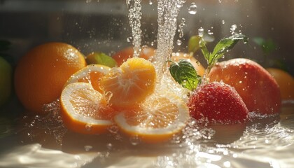 Wall Mural - Citrus Fruit and Strawberry Slices Splashed with Water