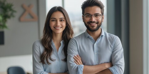 Wall Mural - Happy Young Couple Standing in Office with Arms Crossed and Smil