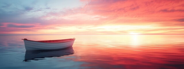 Poster -  A small boat floats on a body of water, surrounded by cloudy skies The sun distances itself in the background