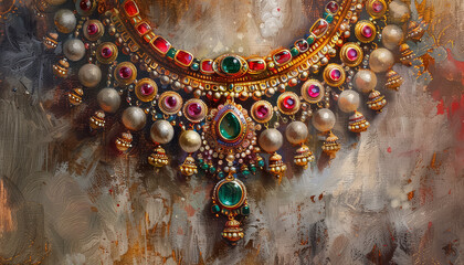 Wall Mural - A gold and green necklace with red beads