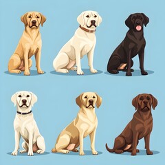 Cartoon of Various Worldwide Types of Adorable Labrador Retriever Pups in Vibrant Powder Blue Background