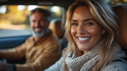 Mom and Dad in the front seats, the daughter leaning forward between them, and the Labrador sitting calmly in the backseat