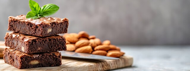 Sticker -  A stack of brownies on a wooden cutting board Nearby, an assembly of almonds and a knife