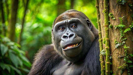 a photo image of a western lowland gorilla with a wide, toothy smile, leaning against a tree trunk in a lush jungle environment