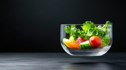 Fresh and vibrant salad with mixed vegetables in a clear bowl against a dark background, perfect for healthy eating themes.