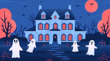 Eerie Abode, a flat design illustration featuring a haunted mansion shrouded in ghostly figures and delicate cobwebs, creating a chilling yet captivating atmosphere.