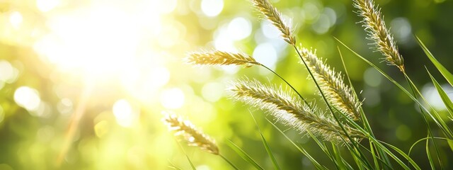 Poster -  A tight shot of grass leaves bathed in sunlight, sun rays filtering through in the foreground