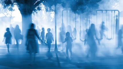 Blurred silhouettes of people walk through misty playground under large tree. Blue-toned scene captures ghostly and mysterious vibe, with hazy atmosphere and swings barely visible in background.