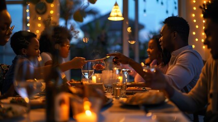 A family eating dinner together at a table lit by candlelight.