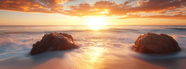 Sticker -  Two rocks nestled in a tranquil water expanse as the sun sets, casting a golden glow in the rear