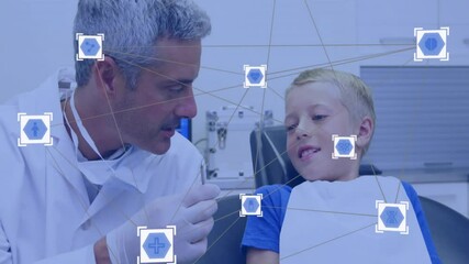 Sticker - Medical network animation over dentist examining young boy in clinic