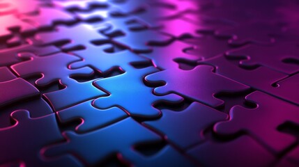 An illustration of seamless API integration and system interoperability is displayed on a sleek, tech-inspired background, based on neon-lit puzzle pieces