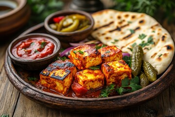 Wall Mural - paneer tikka with naan bread