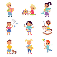 Sticker - Kids Toys with Little Boy and Girl Playing Vector Set