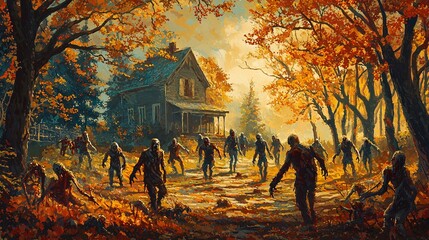 Eerie Halloween Scene Featuring Zombies Amidst Colorful Autumn Foliage and Haunting Atmosp