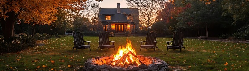 Wall Mural - Autumn Backyard Bonfire with House in Background Photo