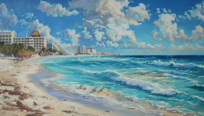 A painting of a beach with a blue ocean and white clouds