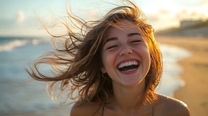 Sticker - Playful Pose at Beach: A woman playfully posing on the beach, tossing her hair and laughing.
