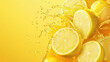 © Chaiwit - Fresh lemons burst with juice in vibrant splash against bright yellow background, creating refreshing and lively visual.
