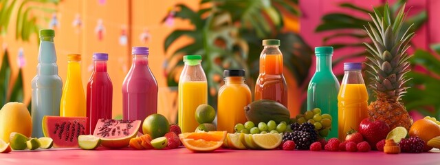 Wall Mural - Assorted Fruit Juices and Fresh Produce on a Colorful Table