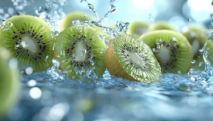 Kiwi Slices Splashing in Water