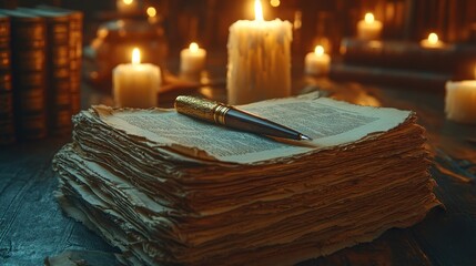 Wall Mural - Ancient Book and Pen Illuminated by Candlelight