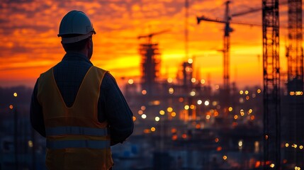 Wall Mural - Silhouette of an engineer and worker discussing plans at a construction site during sunset, with cranes in the background