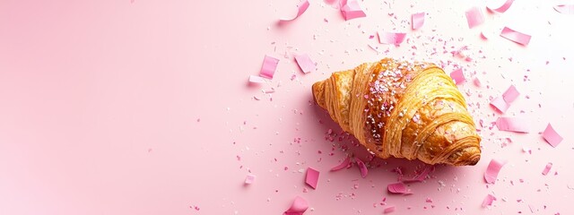 Wall Mural -  A pastry with pink sprinkles atop and more pink sprinkles against a pink backdrop