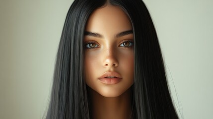 A close-up portrait of a young woman with long, dark hair and captivating features, showcasing beauty and elegance in natural light.