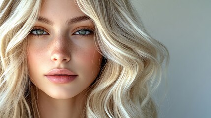 A close-up portrait of a young woman with flowing blonde hair and captivating eyes showcasing natural beauty and elegance.