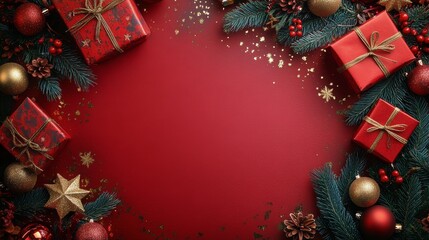 Festive arrangement of red and gold ornaments with gifts on a crimson background for celebration