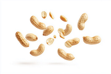 Wall Mural - Falling peanuts isolated on a white background with a close-up view. Flying nuts texture for design and packaging