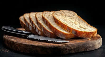 Wall Mural - Freshly sliced bread on a wooden cutting board with a knife in a dark setting